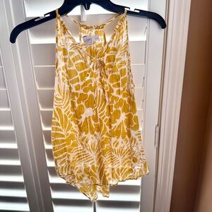 LOFT Petites Yellow White Palm Leaf Print Racerback Tank Top SP Tie Front Boho
